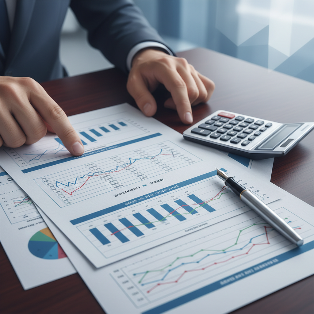A close-up of hands reviewing analytical charts and data sheets on a dark wooden desk.