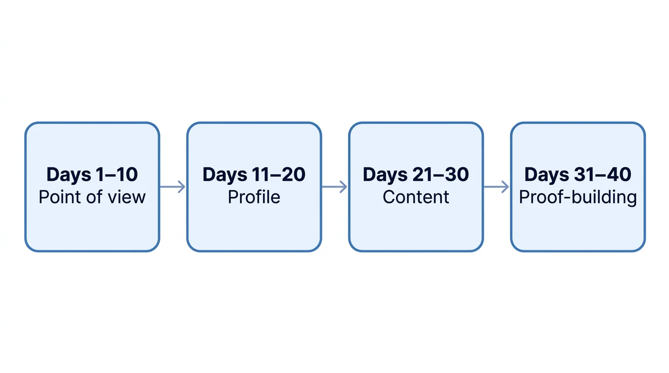 A left-to-right four-stage timeline covering point of view, profile, content and proof-building across 40 days.