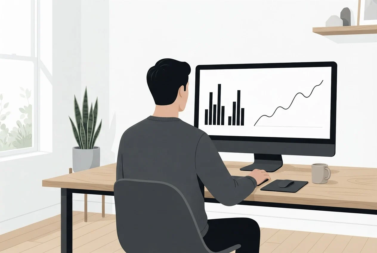A person at a desk studies a monitor showing grouped bar charts and a line graph.
