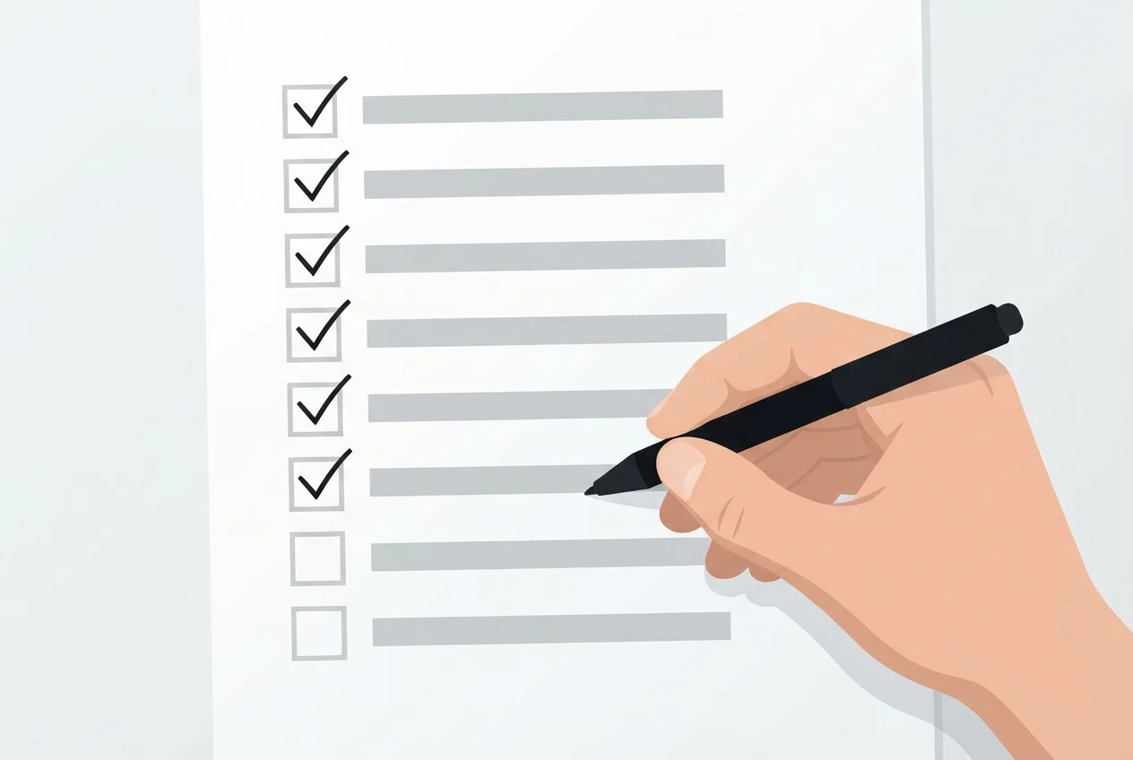 A hand ticks boxes on a paper checklist of eight rows, with the last box still empty.
