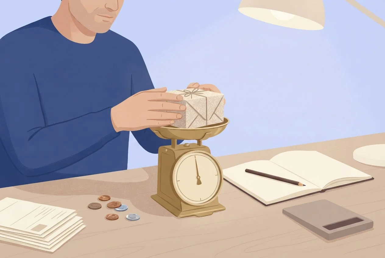 A man weighs a gift box on a small scale at a desk with a notebook, pencil and calculator beside it.