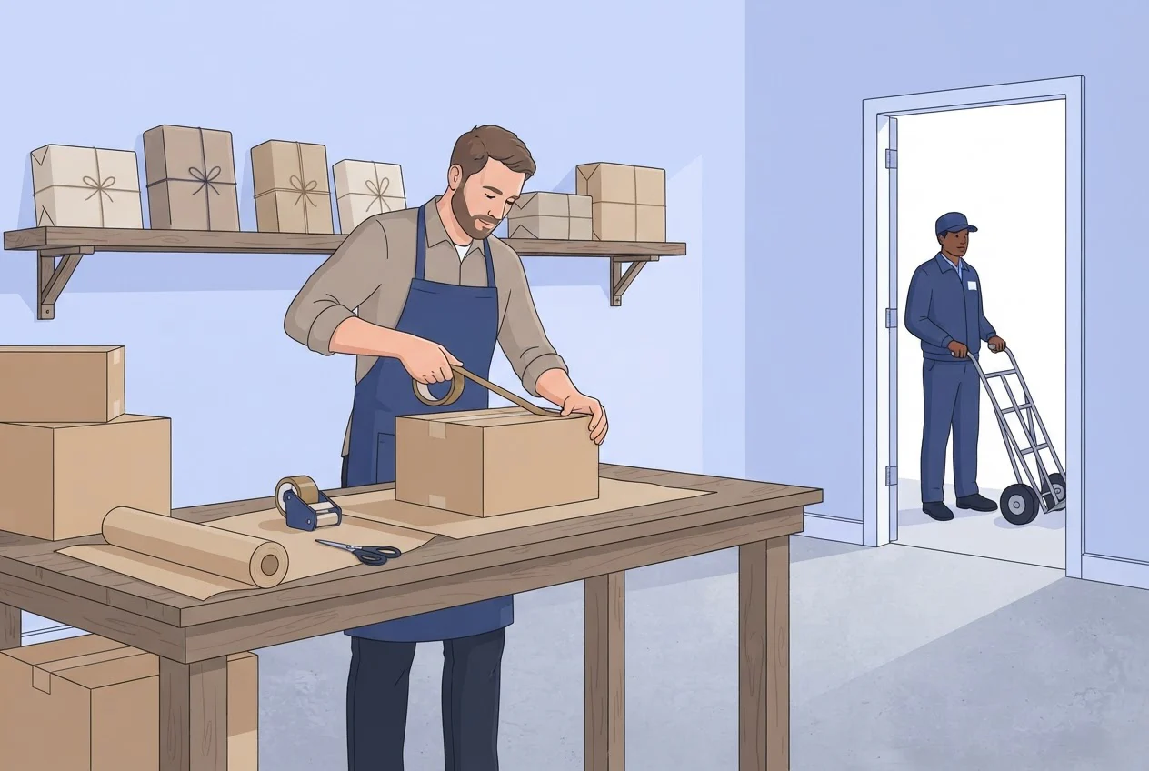 A shop owner seals a shipping box at a packing table while a postal worker waits at the door to collect finished parcels.