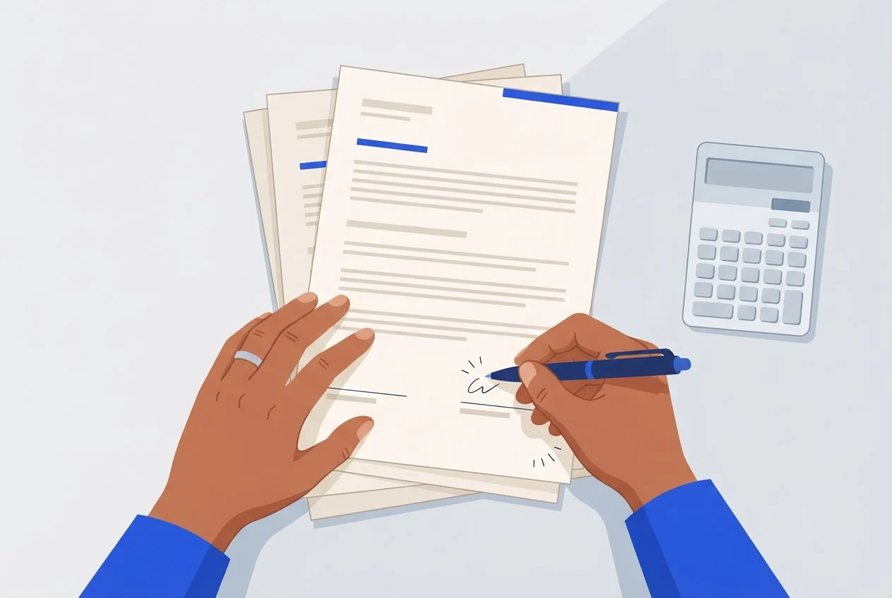 A man's hands marking up a printed offer letter with a pen, a calculator beside it.