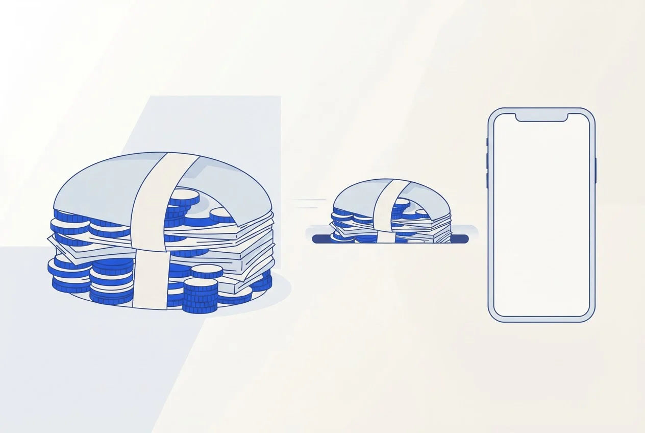 A large stack of coins and papers with only a smaller portion moving toward a smartphone.