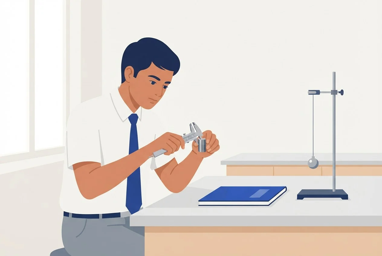 A Class 11 student measures a small steel cylinder with a Vernier calliper on a school laboratory bench.