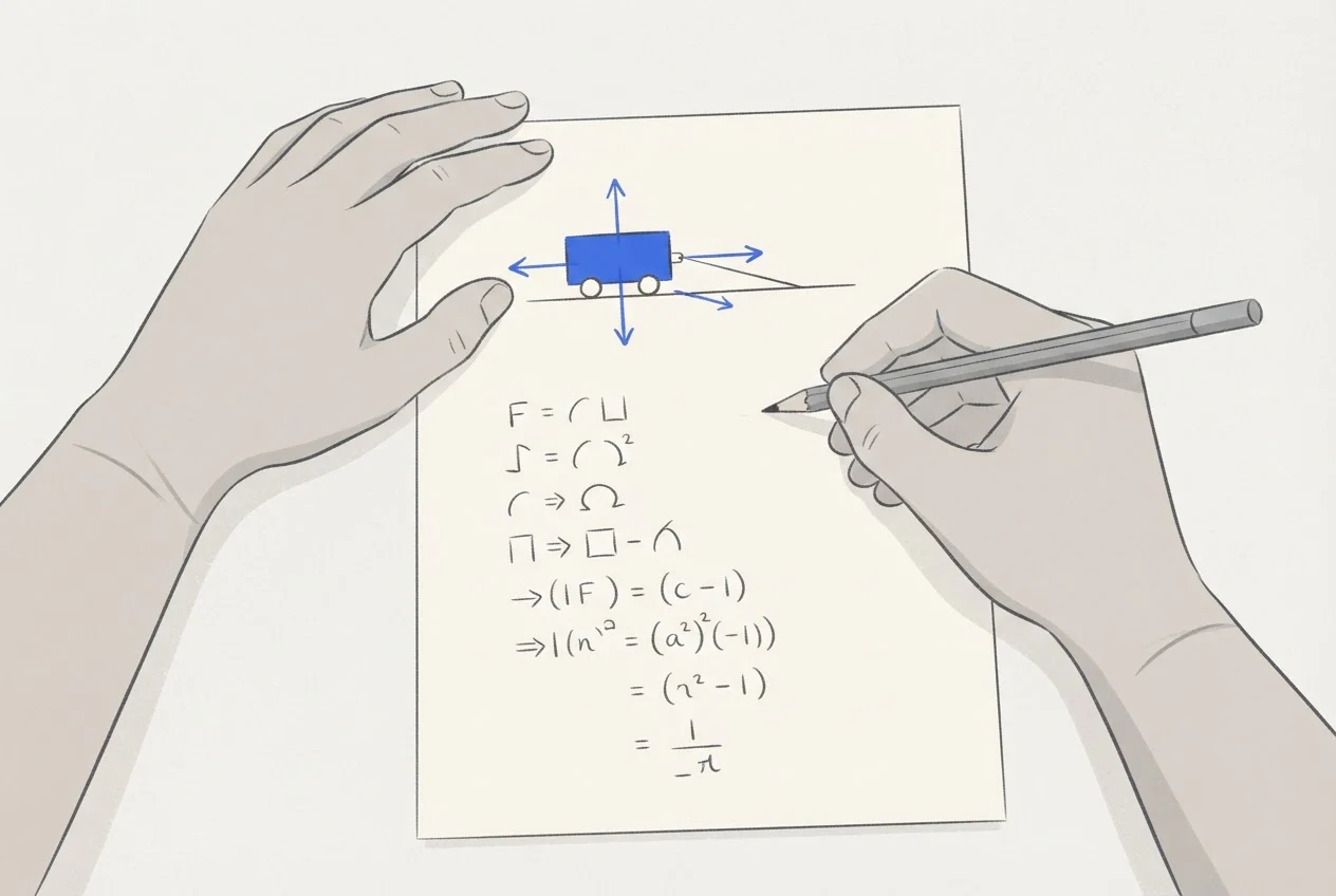 A student's hands sketch a trolley with force arrows and write out the working step by step on a sheet of paper.