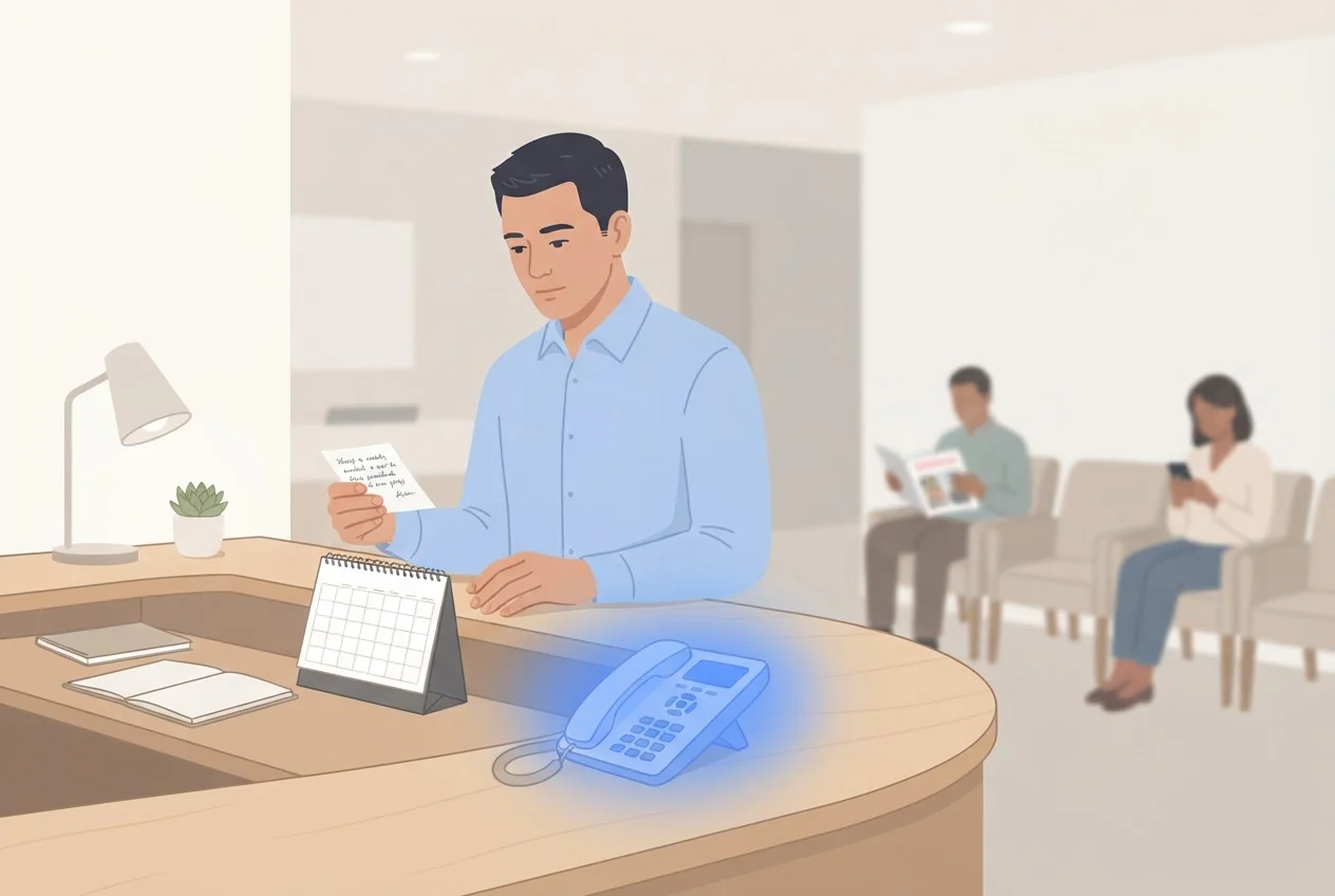 A clinic front-desk staff member reads a note about a caller and prepares to confirm an appointment while the desk phone glows softly.