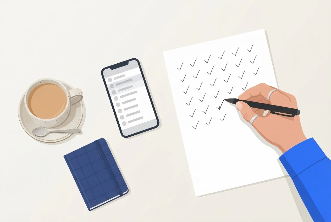 A hand ticking marks on a paper sheet beside a smartphone call list and a cup of tea on a clinic desk.