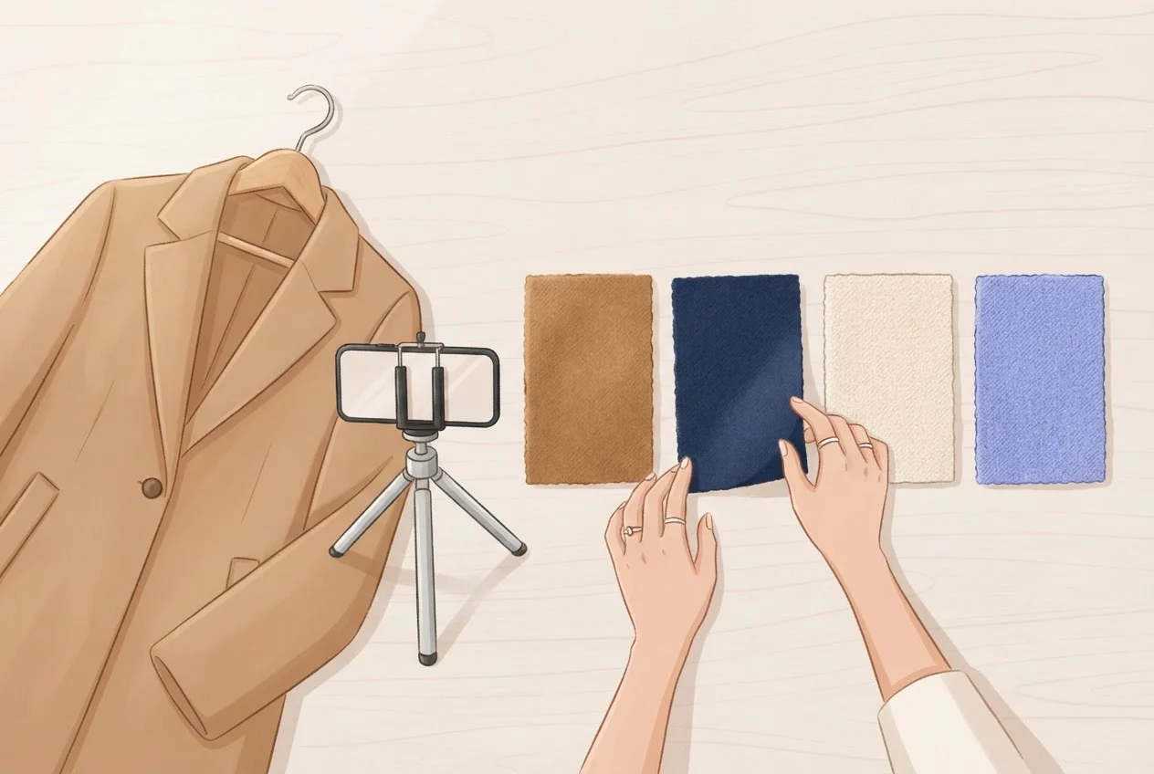 Hands arrange a coat, a phone on a tripod and fabric swatches in a row on a studio table.