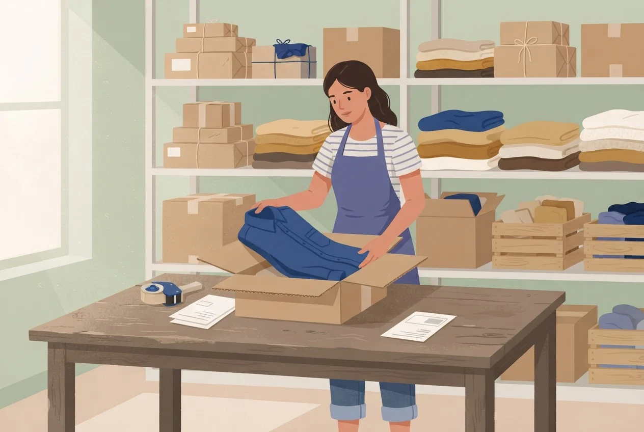A stockroom worker unpacks a returned parcel and lifts out a folded shirt, with more returned boxes on a shelf behind.