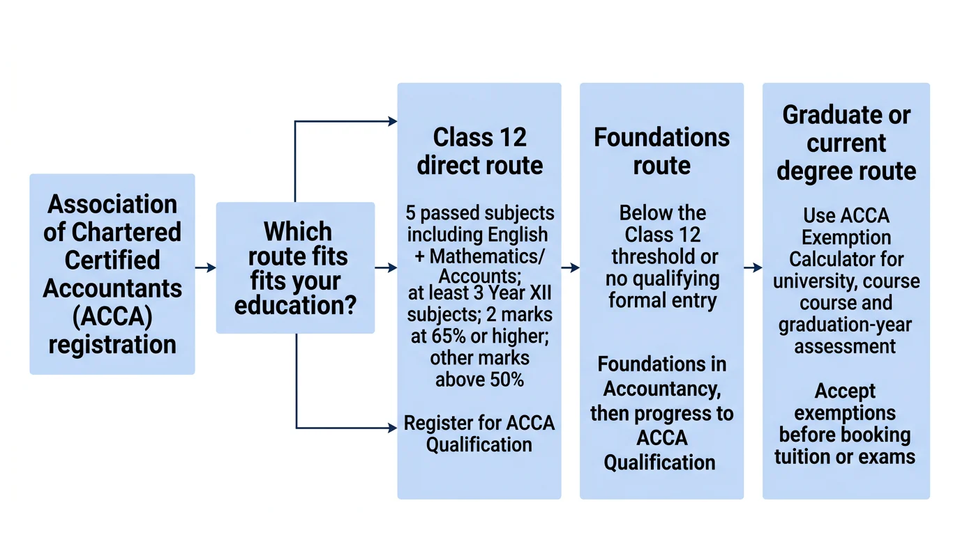 Decision diagram showing direct Class 12 entry, Foundations in Accountancy and degree-based exemption assessment routes.