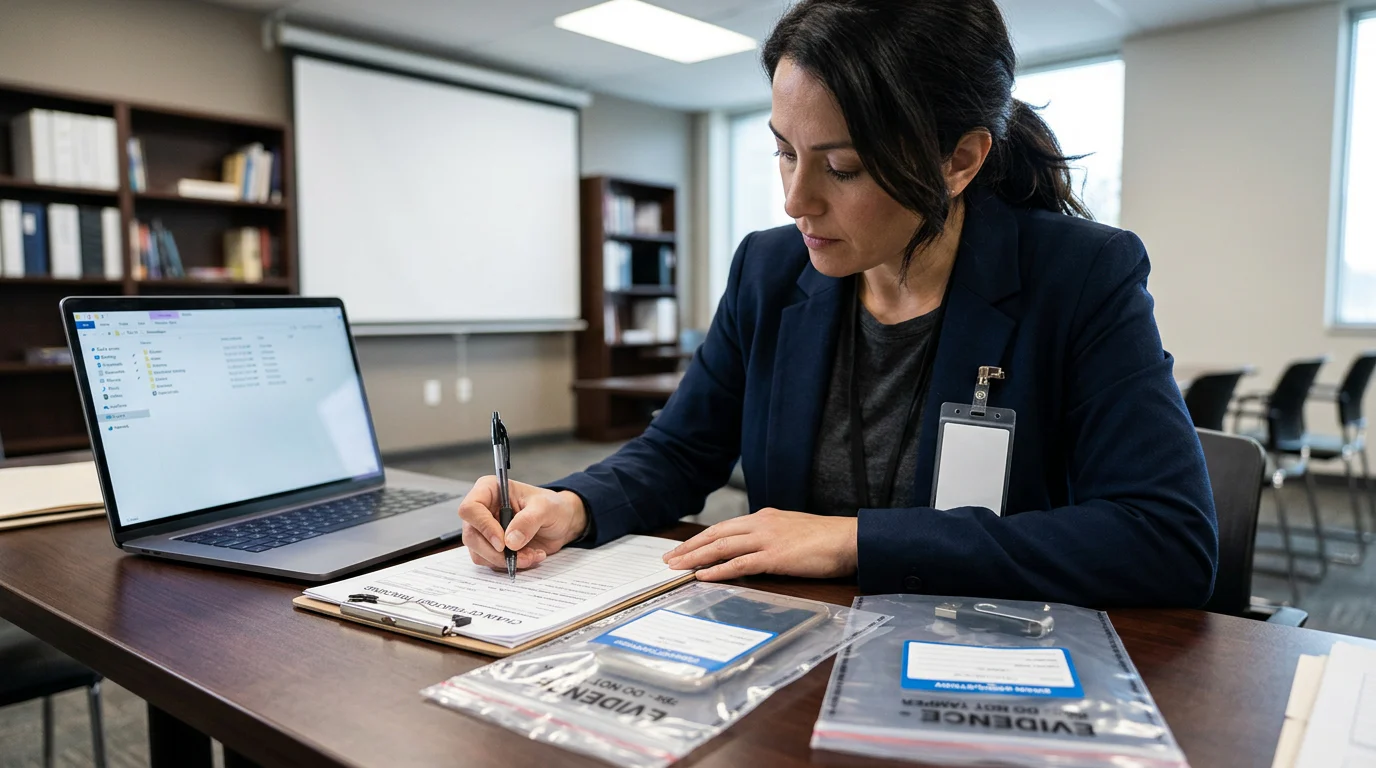 Investigator completing a practical evidence documentation exercise