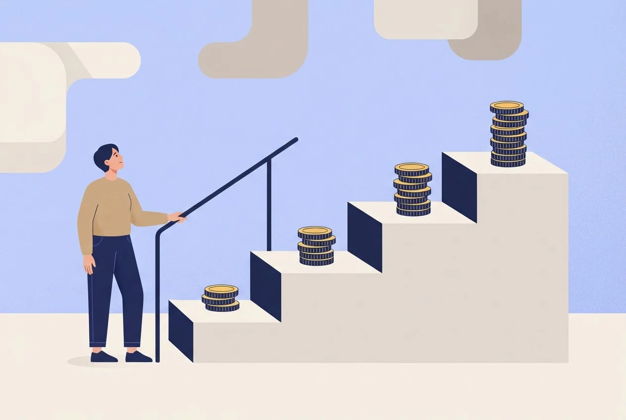 A person stands at the foot of a four-step staircase with coin stacks that grow on each step.