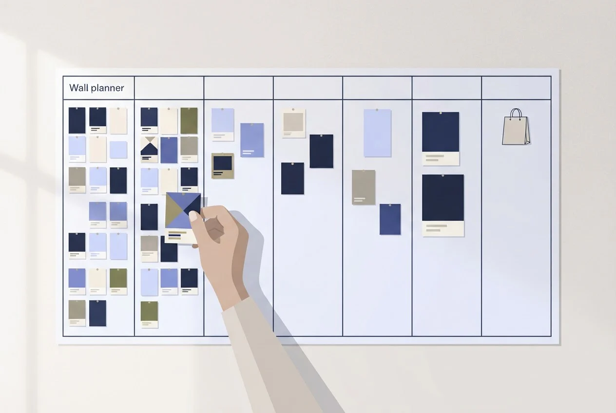A hand pins ad image cards onto a seven-column wall planner that builds toward a paper shopping bag.