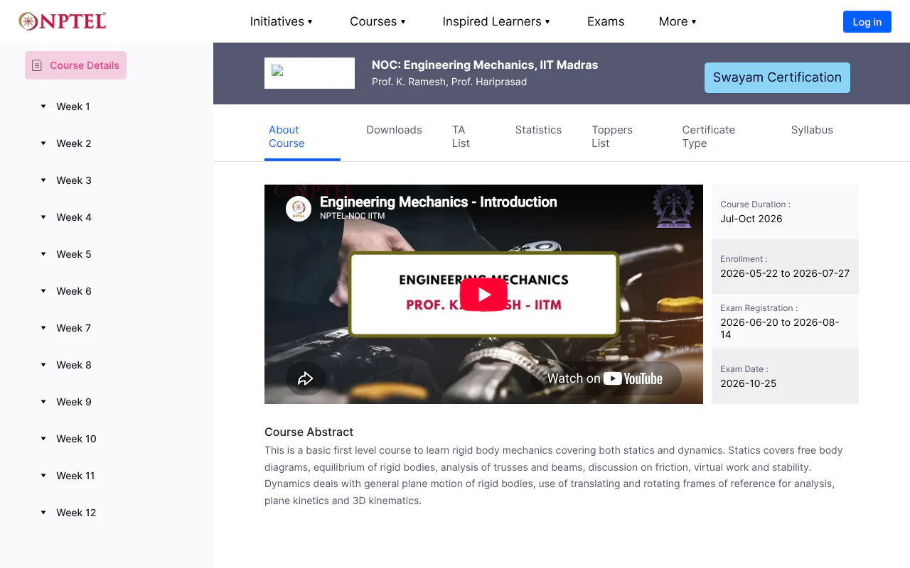 NPTEL Engineering Mechanics's website