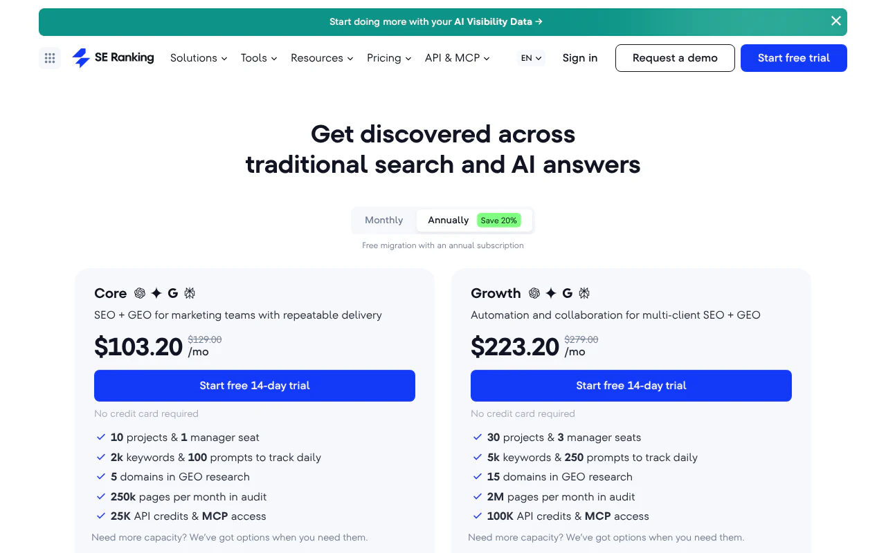 SE Ranking AI Search's website