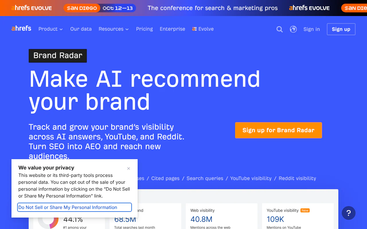 Ahrefs Brand Radar's website