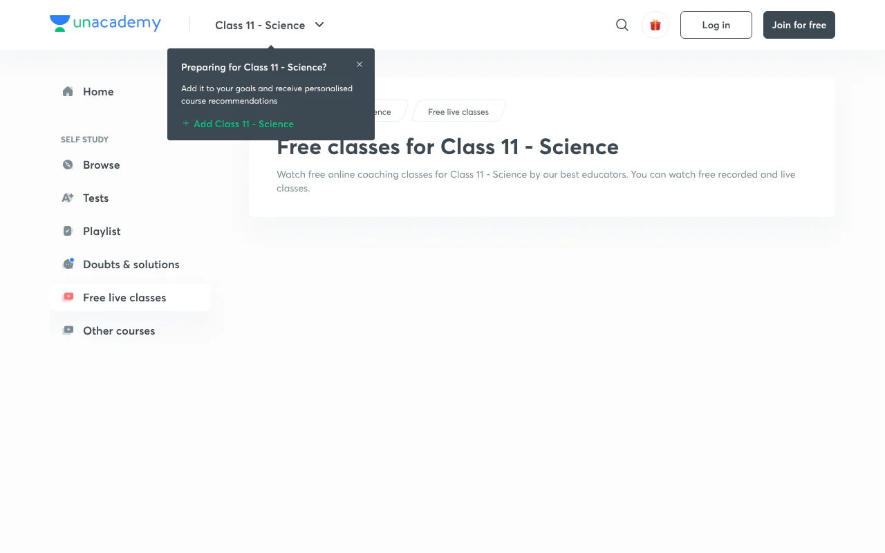 Unacademy Class 11 Science's website