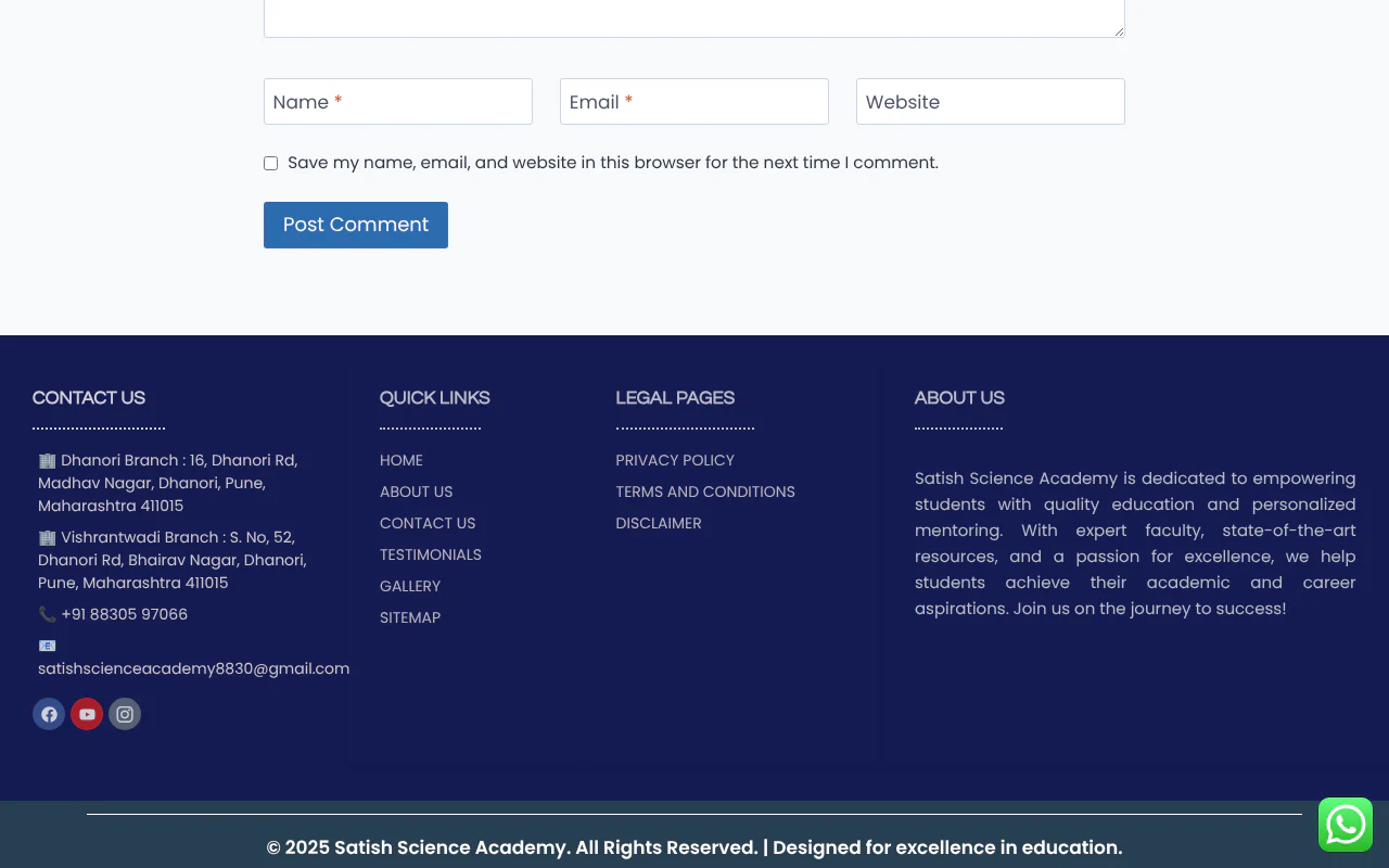 Satish Science Academy's website