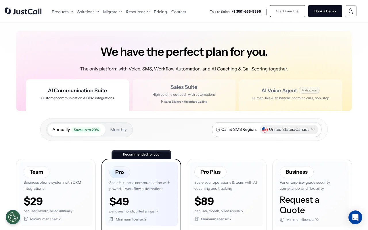 JustCall's website
