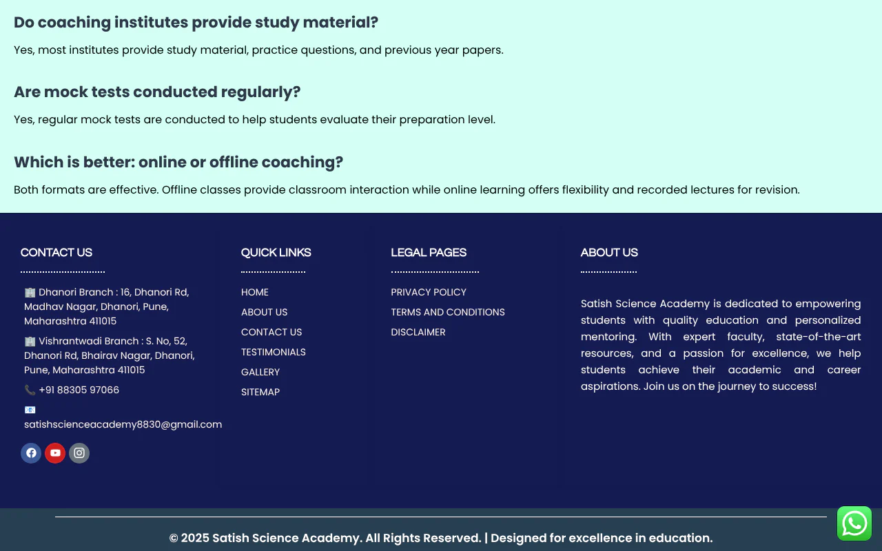 Satish Science Academy's website