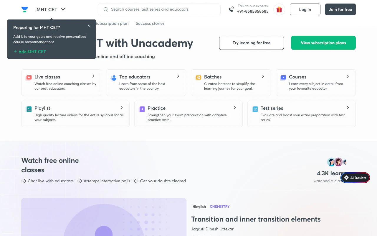 Unacademy MHT CET's website