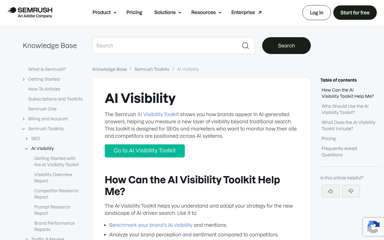 Semrush AI Visibility Toolkit's website